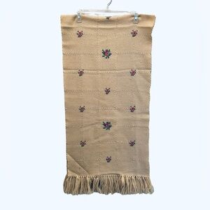 Vintage Beige Wool Scarf Wrap Cross Stitch Flowers Fringe Trim 17x72 Cottagecore